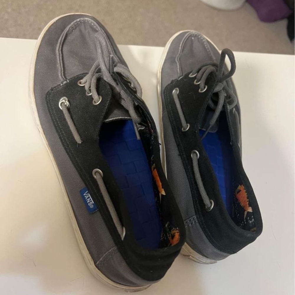 men's grey and black vans with blue + fish interior